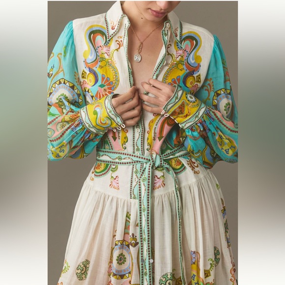 NWT ALÉMAIS Pinball Linen Paisley Print Belted MIDI Dress Sz 0 - Picture 5 of 16